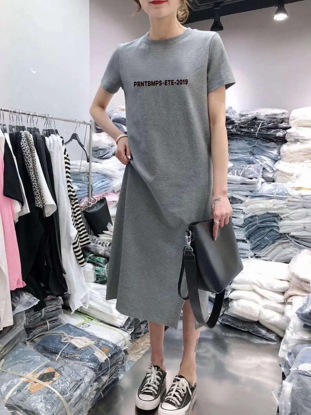 Women Summer Grey Oversized T-Shirt Skirt Set — feature 6