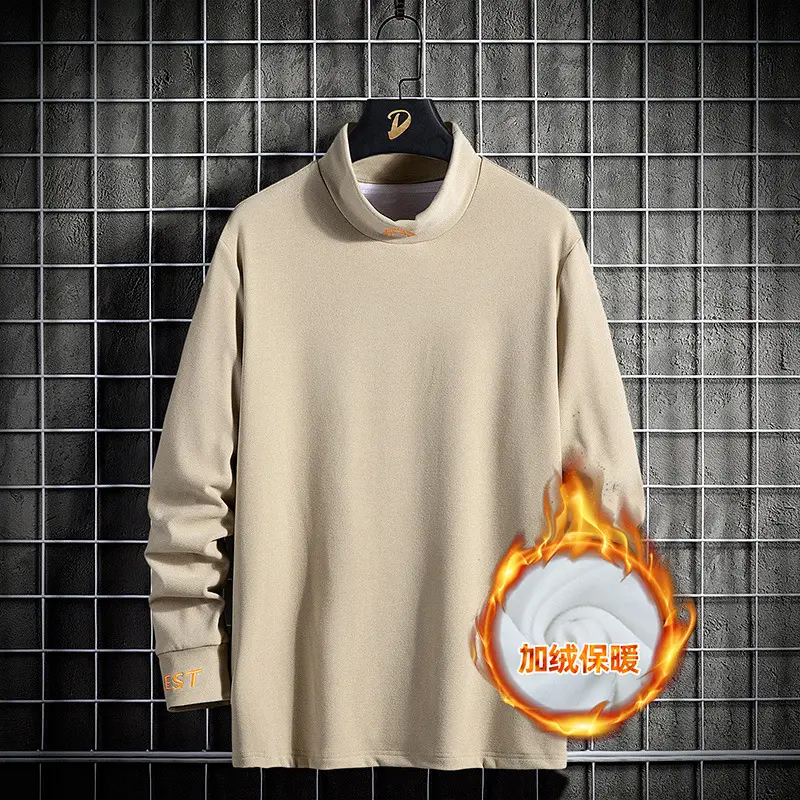Men's Fleece Lined Warm T-Shirt White Half-Collar - Image 3