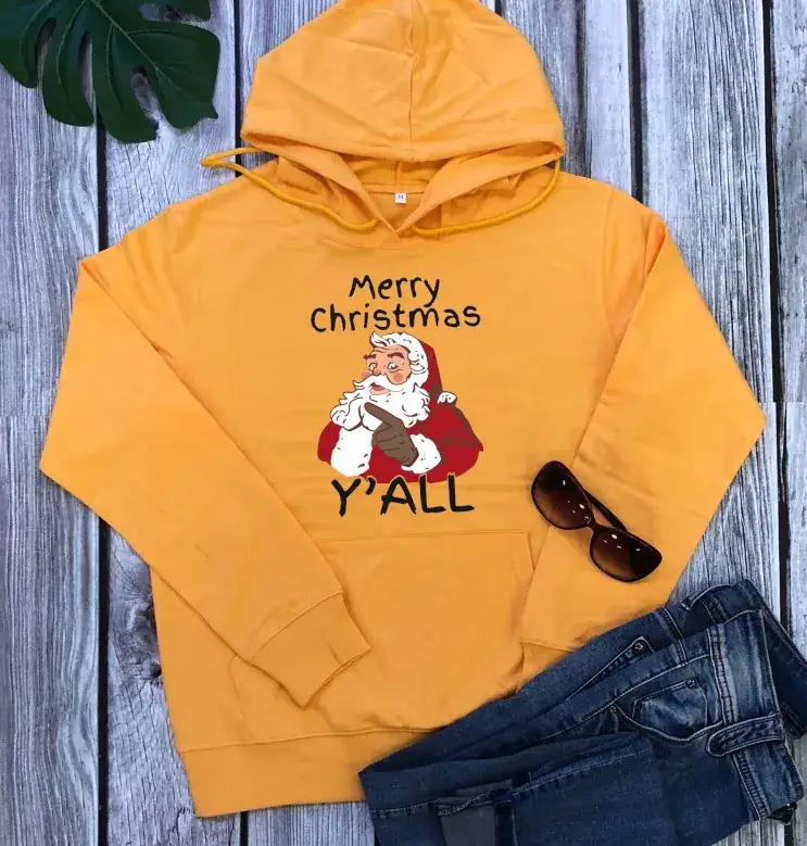 Merry Christmas Hooded Hoodie Yellow Santa Print - Image 4