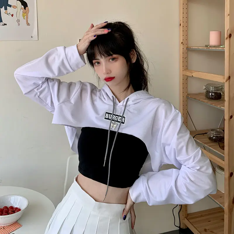 Women High Waist Sweatshirt Pullover Long Sleeve Black Crop Top - Image 9