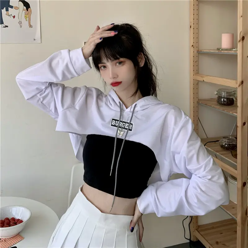 Women High Waist Sweatshirt Pullover Long Sleeve Black Crop Top — feature 14