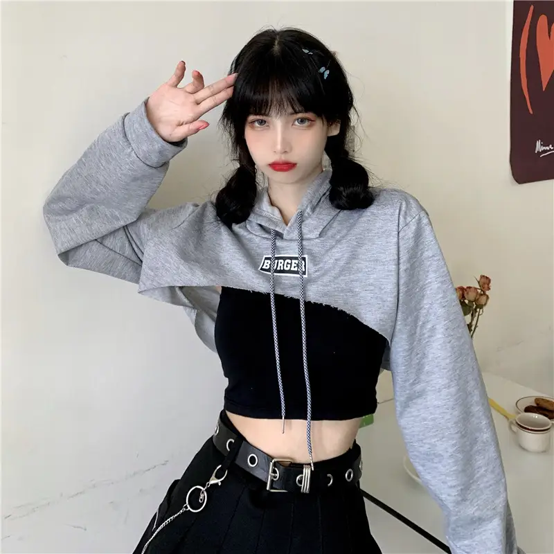 Women High Waist Sweatshirt Pullover Long Sleeve Black Crop Top — feature 31