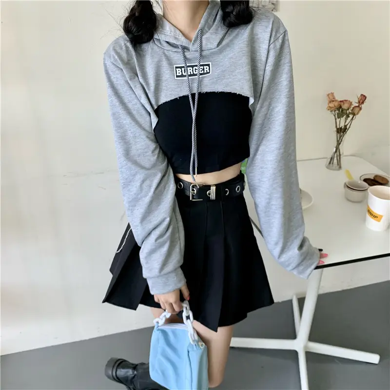 Women High Waist Sweatshirt Pullover Long Sleeve Black Crop Top — feature 33