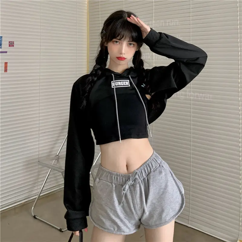 Women High Waist Sweatshirt Pullover Long Sleeve Black Crop Top — feature 52