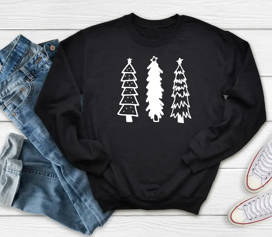 Grey Christmas Tree Print Sweatshirt Round Neck - Image 2