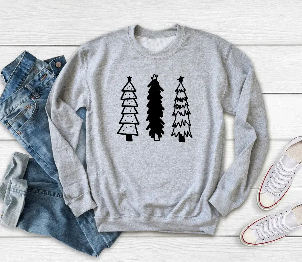Grey Christmas Tree Print Sweatshirt Round Neck - Image 4