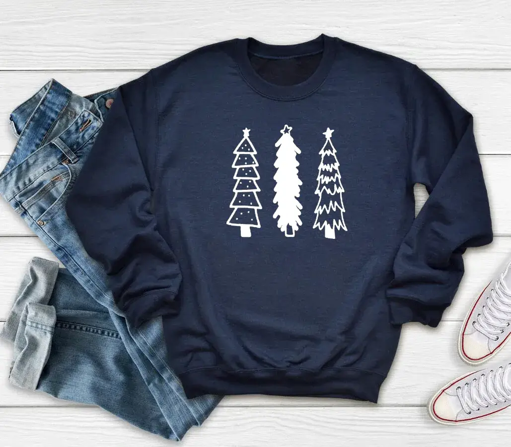Grey Christmas Tree Print Sweatshirt Round Neck - Image 9