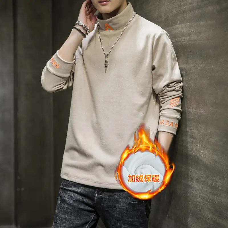 Men Fleece Long Sleeve T-Shirt Black Warm Half Collar - Image 3