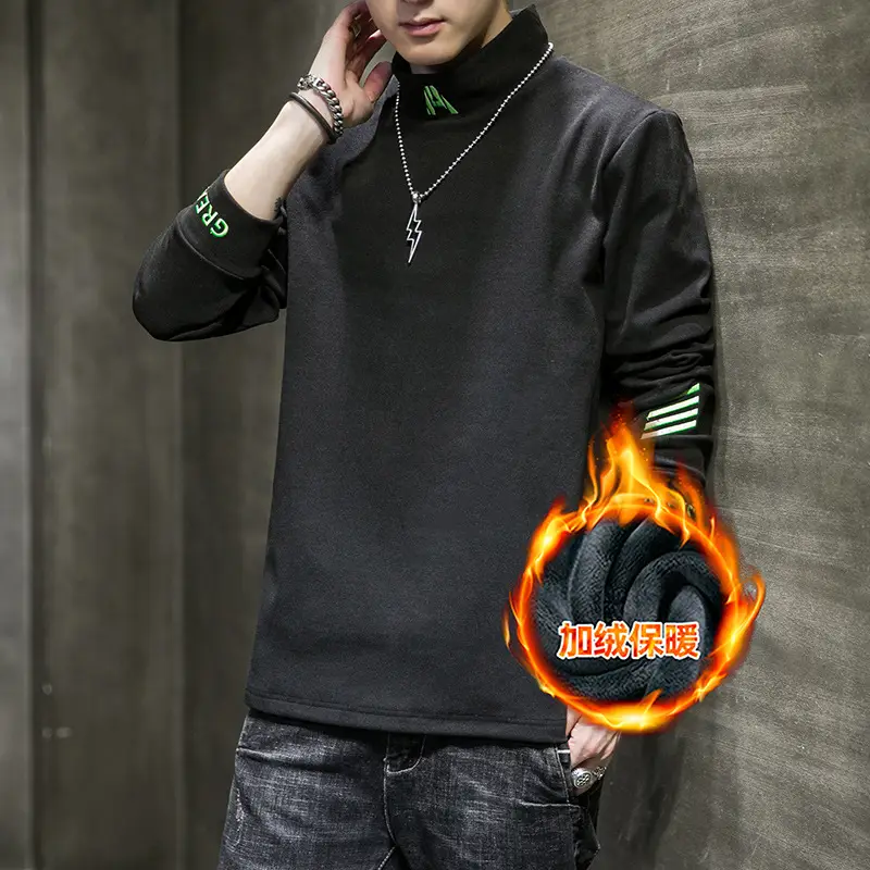 Men Fleece Long Sleeve T-Shirt Black Warm Half Collar - Image 2