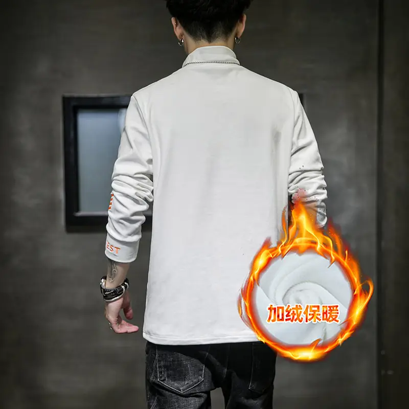 Men Fleece Long Sleeve T-Shirt Black Warm Half Collar - Image 4