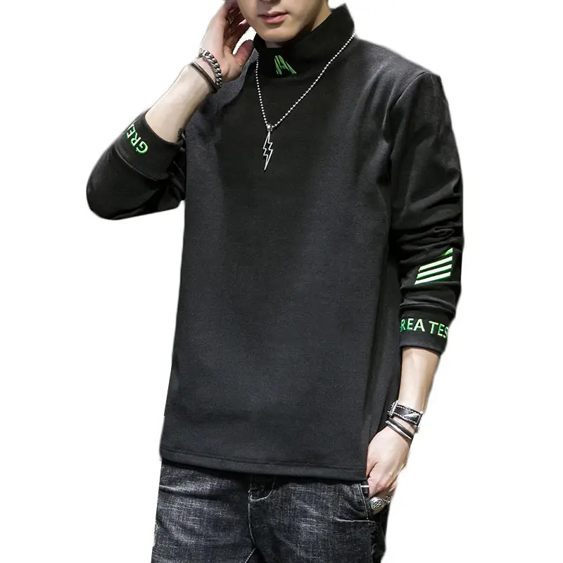 Men Fleece Long Sleeve T-Shirt Black Warm Half Collar - Image 5