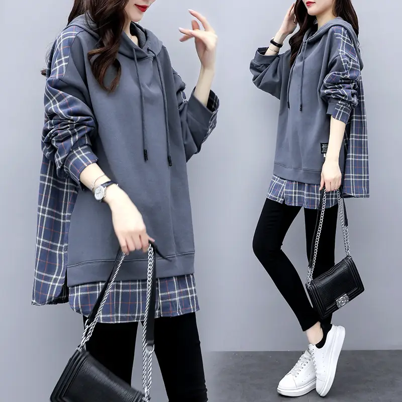 Women K-Style Hooded Sweatshirt Set Blue Plaid Loose Fit - Image 3