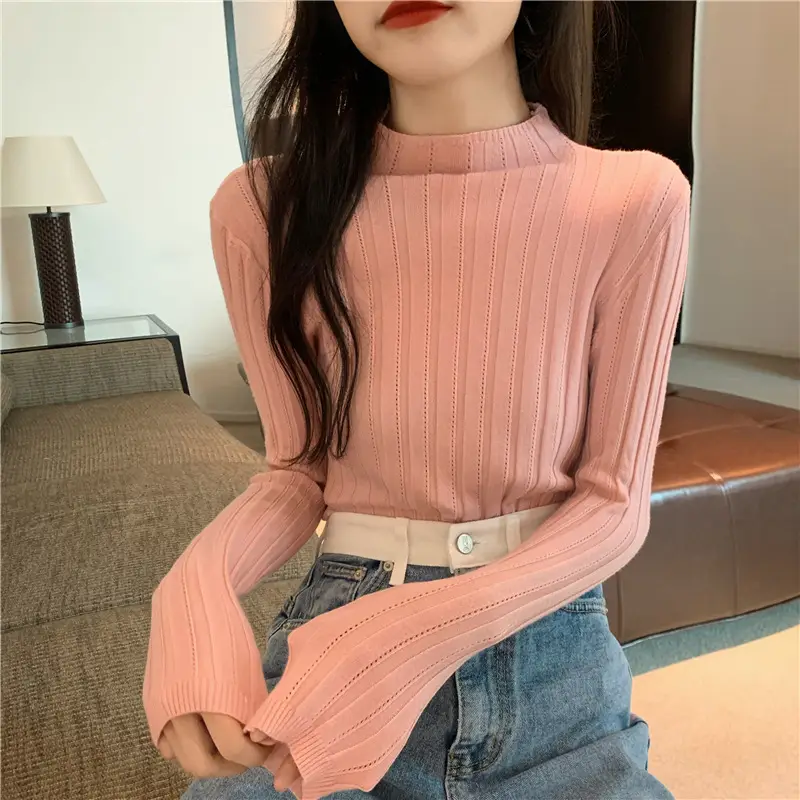 Pink Ribbed Long Sleeve Turtleneck Sweater — feature 80