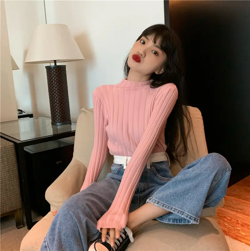 Pink Ribbed Long Sleeve Turtleneck Sweater — feature 83