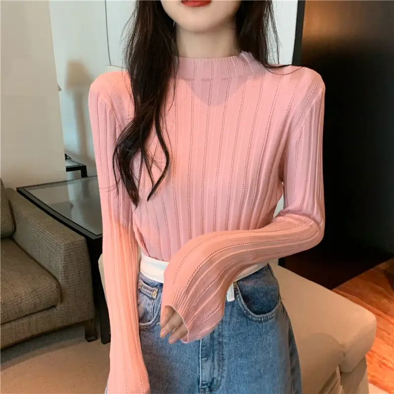 Pink Ribbed Long Sleeve Turtleneck Sweater — feature 85