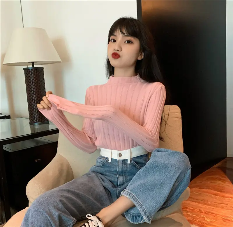 Pink Ribbed Long Sleeve Turtleneck Sweater — feature 87