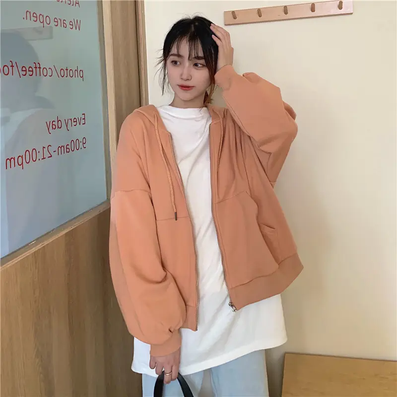 Women Black Hooded Sweatshirt Coat 2023 Spring Autumn Loose Fit — feature 11