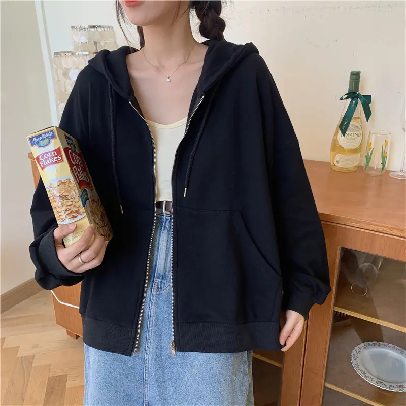 Women Black Hooded Sweatshirt Coat 2023 Spring Autumn Loose Fit — feature 25