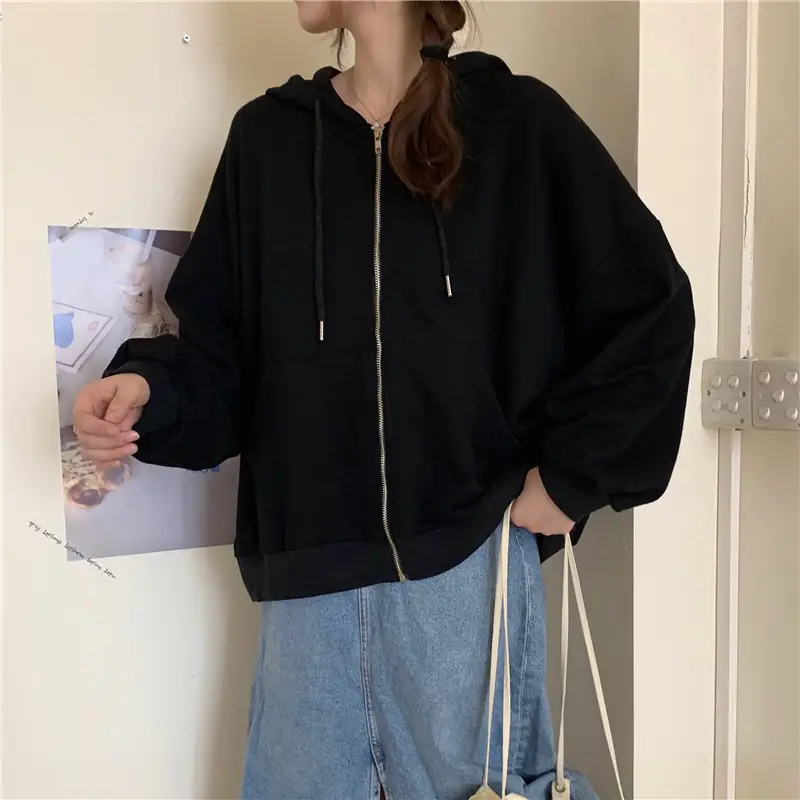Women Black Hooded Sweatshirt Coat 2023 Spring Autumn Loose Fit — feature 26