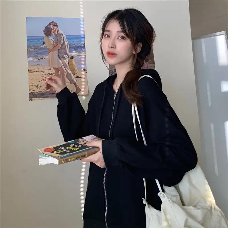 Women Black Hooded Sweatshirt Coat 2023 Spring Autumn Loose Fit — feature 27