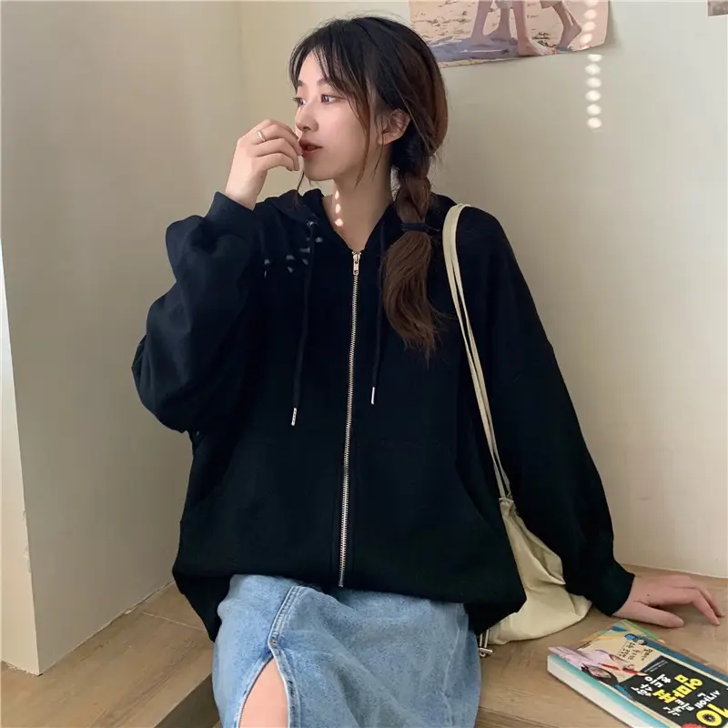 Women Black Hooded Sweatshirt Coat 2023 Spring Autumn Loose Fit — feature 28