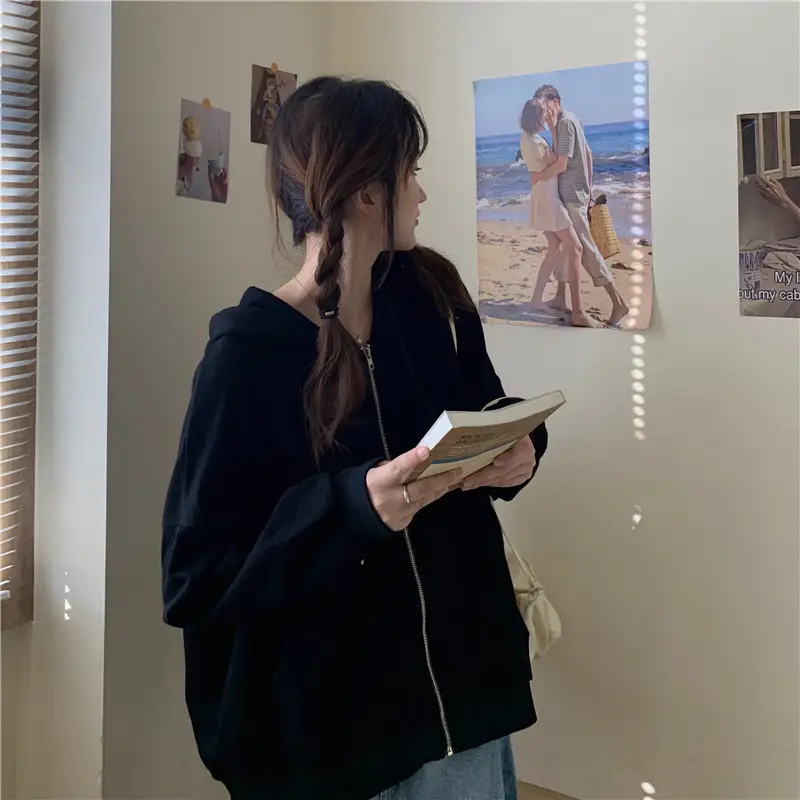 Women Black Hooded Sweatshirt Coat 2023 Spring Autumn Loose Fit — feature 29