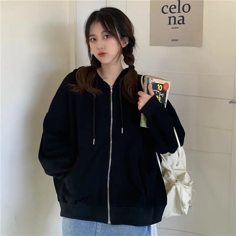 Women Black Hooded Sweatshirt Coat 2023 Spring Autumn Loose Fit — feature 30