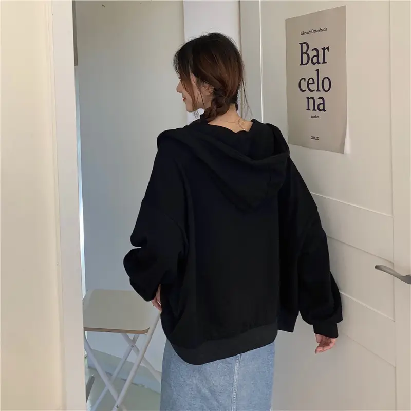 Women Black Hooded Sweatshirt Coat 2023 Spring Autumn Loose Fit — feature 31