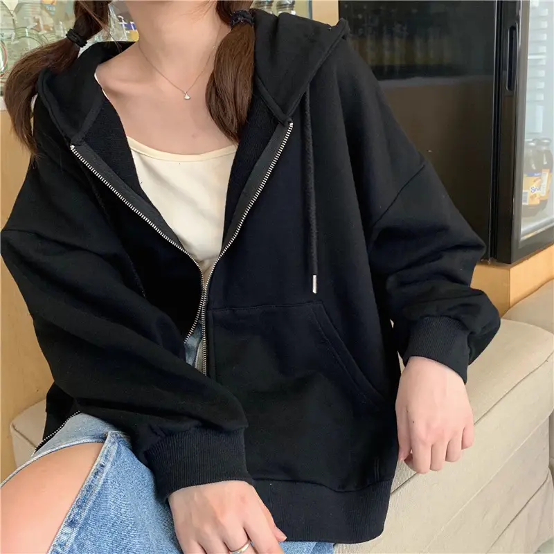 Women Black Hooded Sweatshirt Coat 2023 Spring Autumn Loose Fit — feature 34