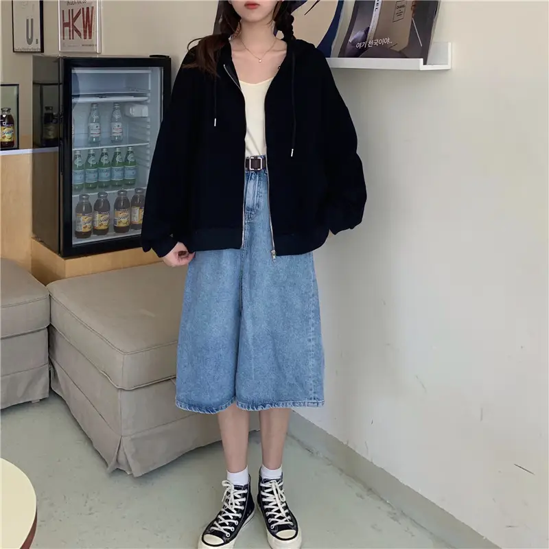 Women Black Hooded Sweatshirt Coat 2023 Spring Autumn Loose Fit — feature 35
