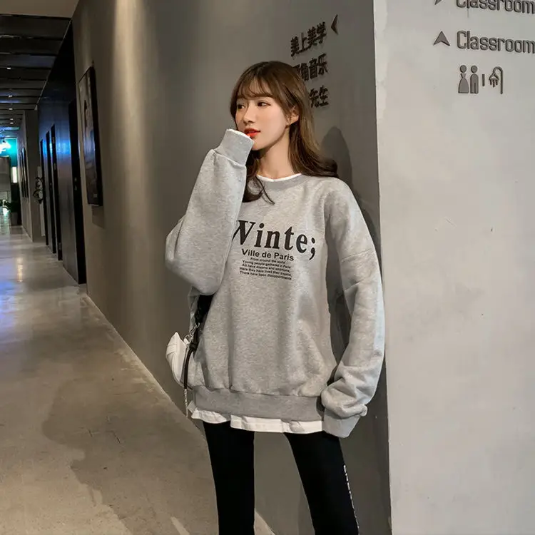 2025 Faux Fleece Lined Crew Neck Sweatshirt Grey Winter - Image 3
