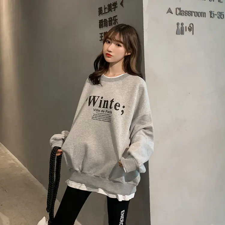 2025 Faux Fleece Lined Crew Neck Sweatshirt Grey Winter - Image 4