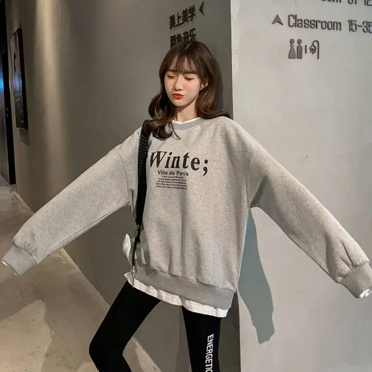 2025 Faux Fleece Lined Crew Neck Sweatshirt Grey Winter — feature 12