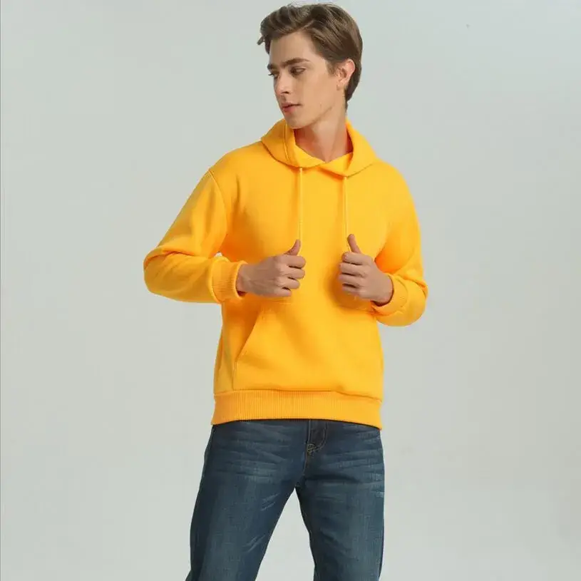 Men Fleece Lined Hoodie Yellow Solid Color - Image 14