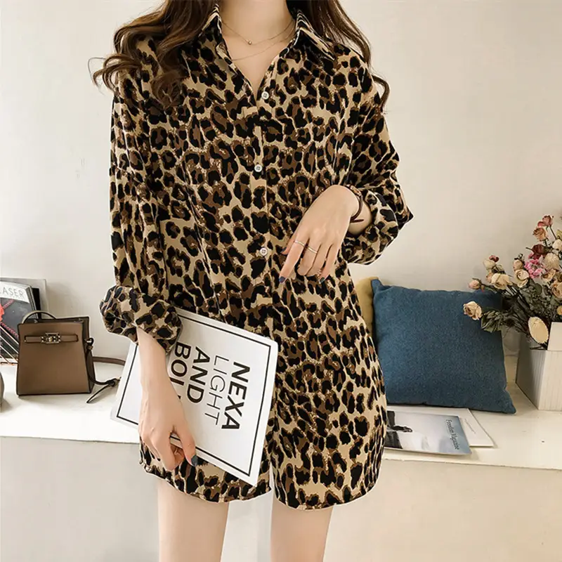 Women Leopard Print Long Sleeve Shirt Set Large - Image 2