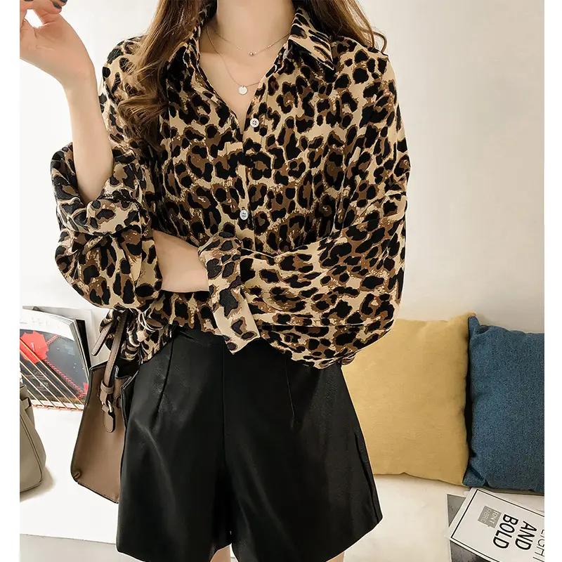Women Leopard Print Long Sleeve Shirt Set Large - Image 3