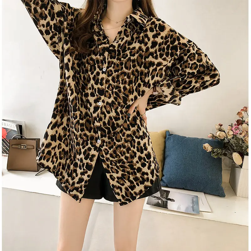 Women Leopard Print Long Sleeve Shirt Set Large - Image 4