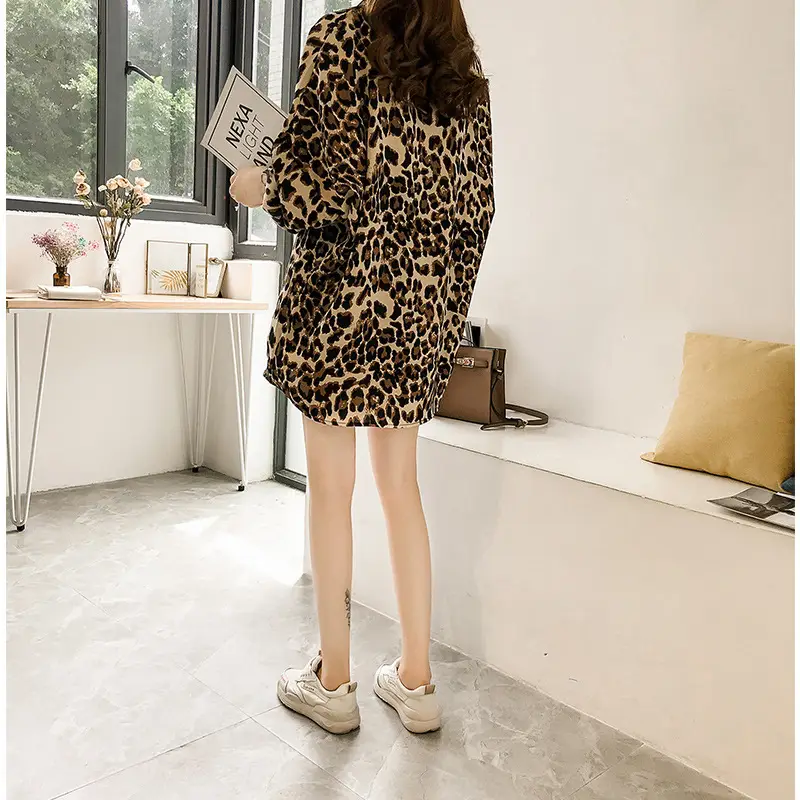 Women Leopard Print Long Sleeve Shirt Set Large - Image 5