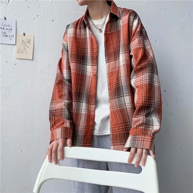 Men's Plaid Long Sleeve Shirt Grey Red Orange - Image 3