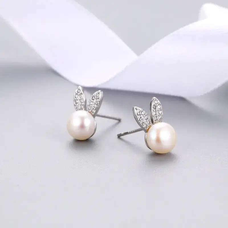 Pearl Rabbit Ear Earrings for Women Gold Plated