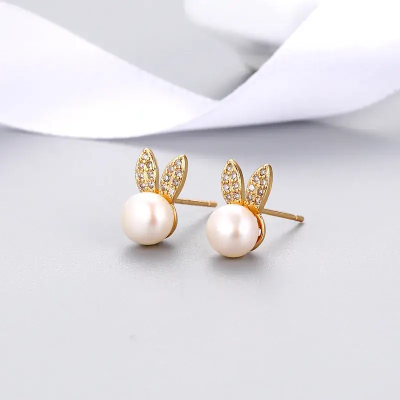 Pearl Rabbit Ear Earrings for Women Gold Plated