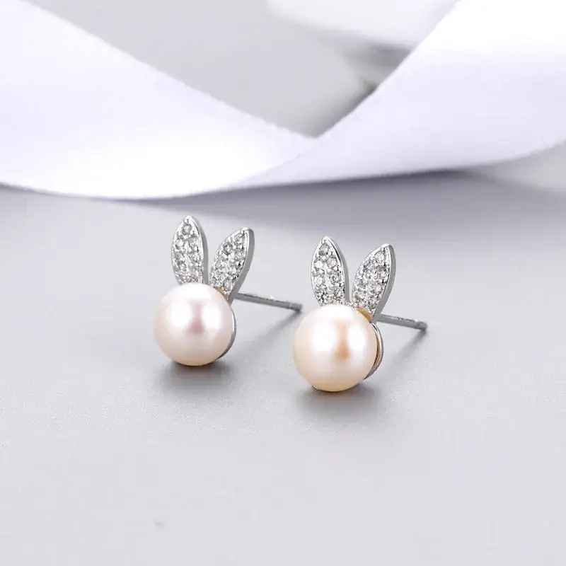 Pearl Rabbit Ear Earrings for Women Gold Plated