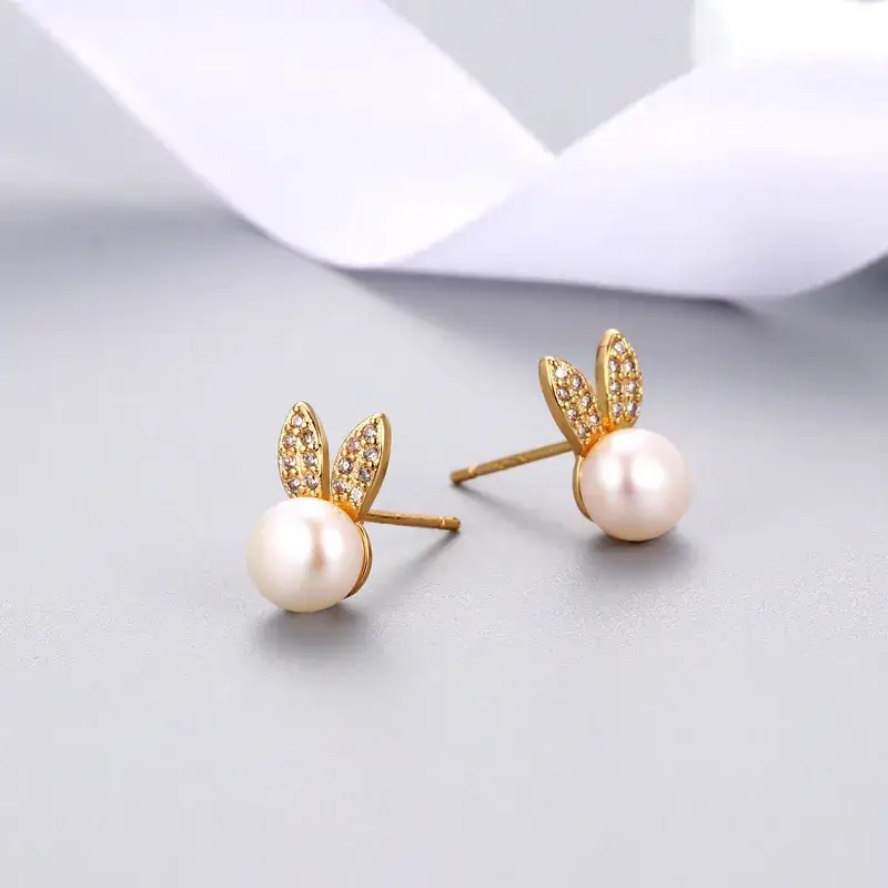 Pearl Rabbit Ear Earrings for Women Gold Plated