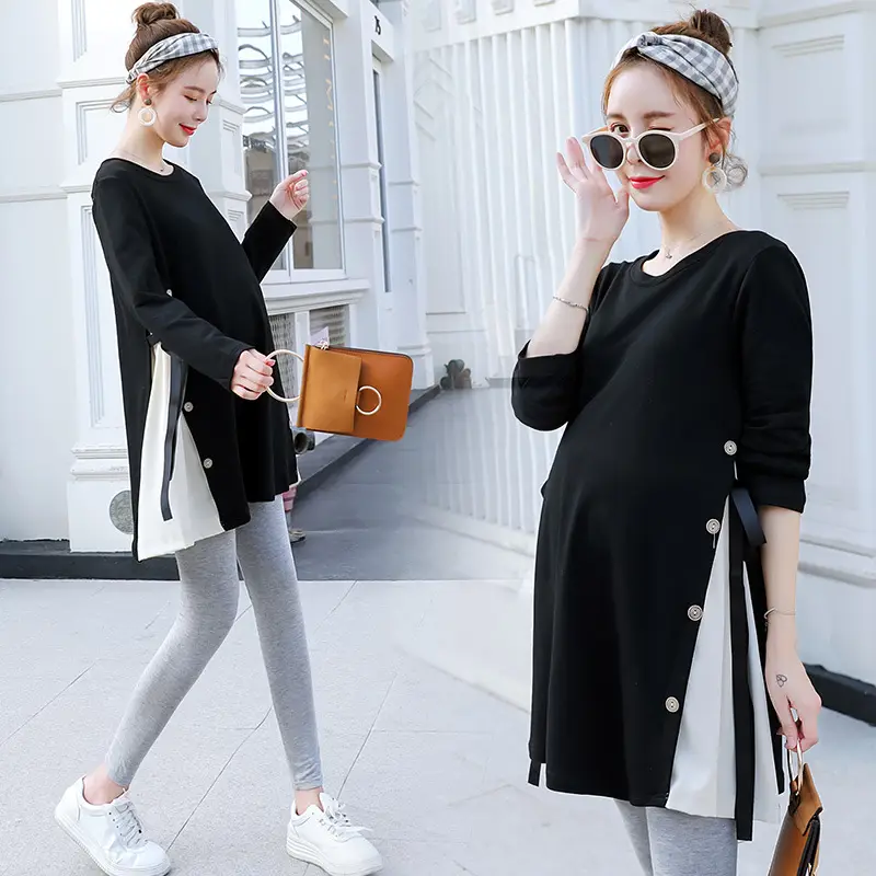 Maternity Black Long Sleeve T-Shirt Dress for Women 2023 Spring - Image 2