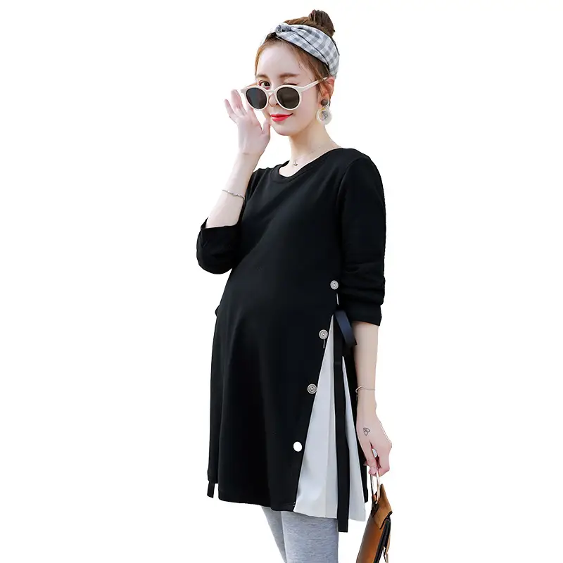 Maternity Black Long Sleeve T-Shirt Dress for Women 2023 Spring - Image 5