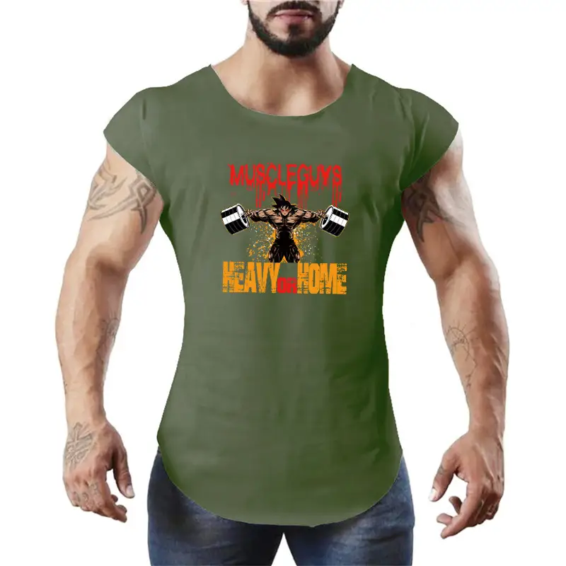 Men Muscle Sleeveless Vest White Dragon Ball Print - Image 4
