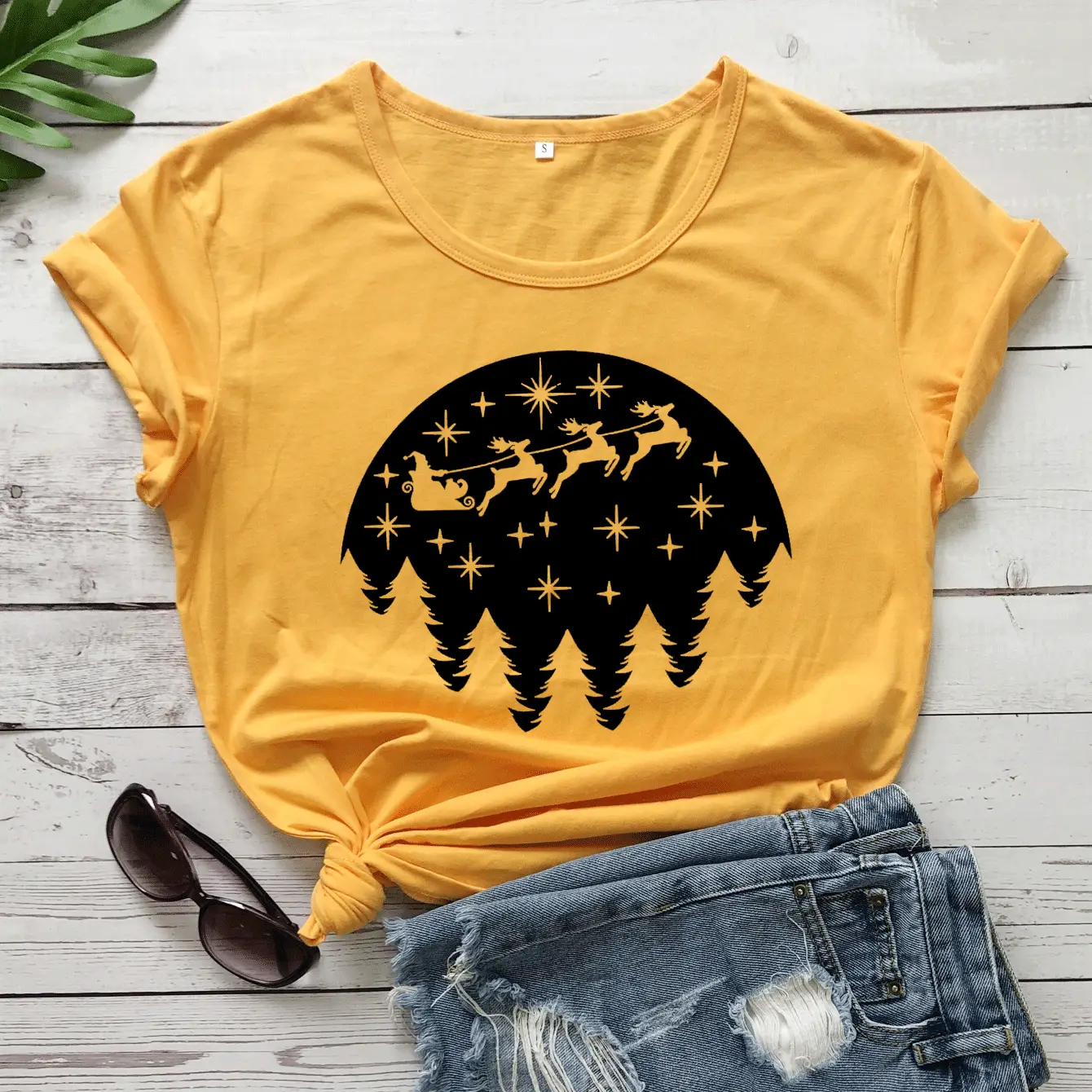 Christmas Deer Print T-Shirt Yellow - Image 5