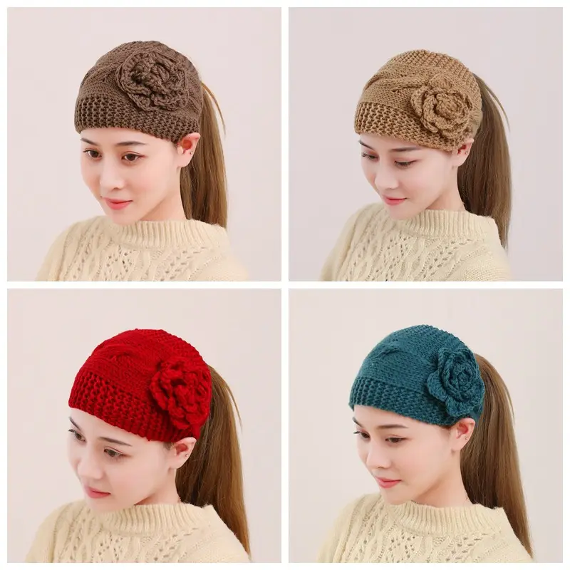 Black Knitted Wool Hair Band with Flower Design - Image 15
