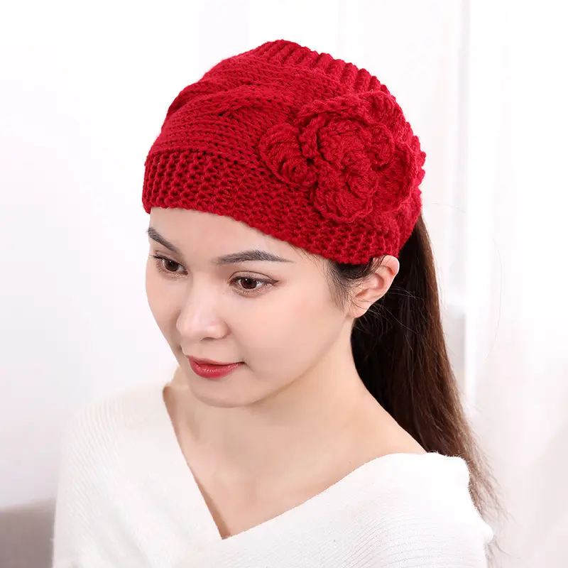 Black Knitted Wool Hair Band with Flower Design - Image 16