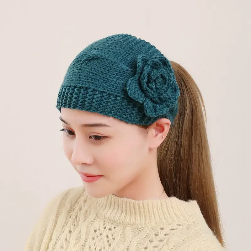 Black Knitted Wool Hair Band with Flower Design — feature 3